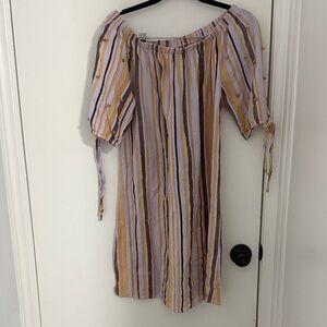 Striped Off-Shoulder Midi Dress in Yellow & Lavender